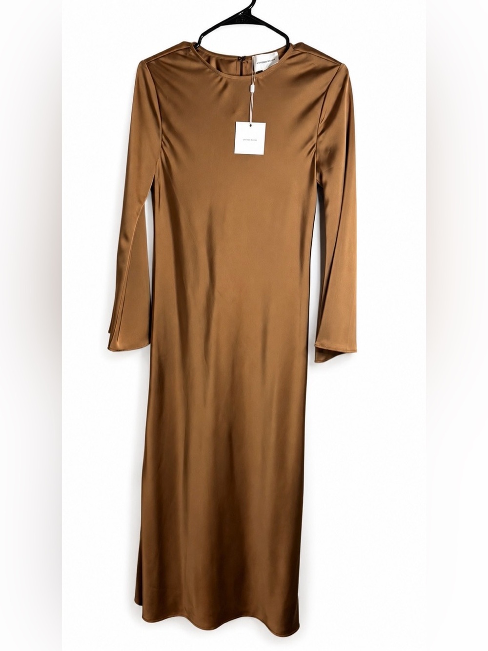Lavender Brown Long-Sleeve Satin Maxi Dress in Camel Brown